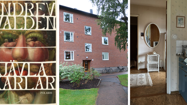 tre bilder som visar ett bokomslag för jävla karlar, en husfasad och en glimt från en hall och kök.