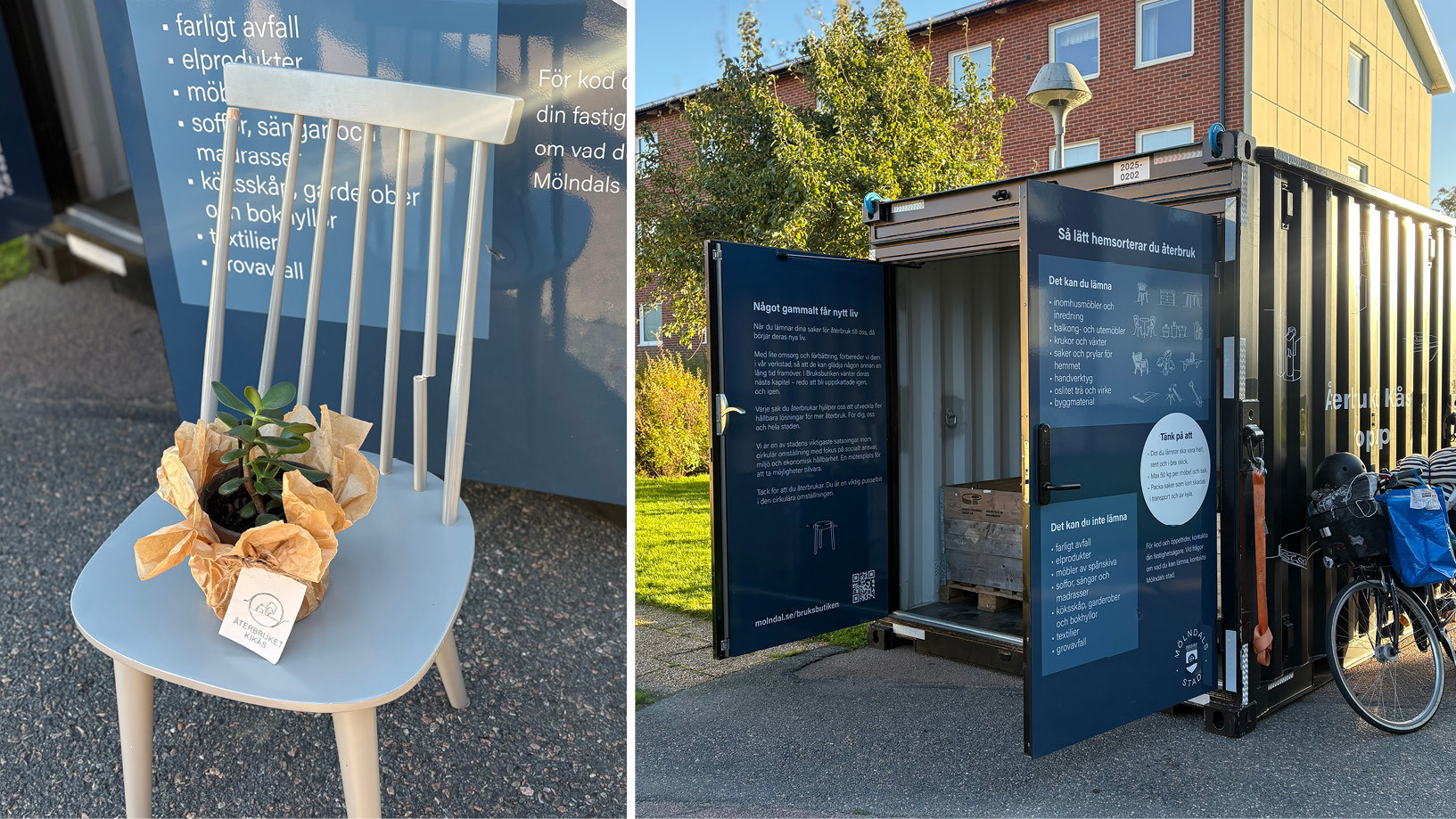 Pinnstol med en bruten rygg står vi en container