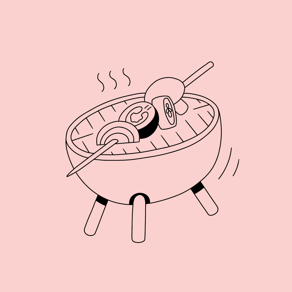 En illustration som visar en grill med ett grillspett på.