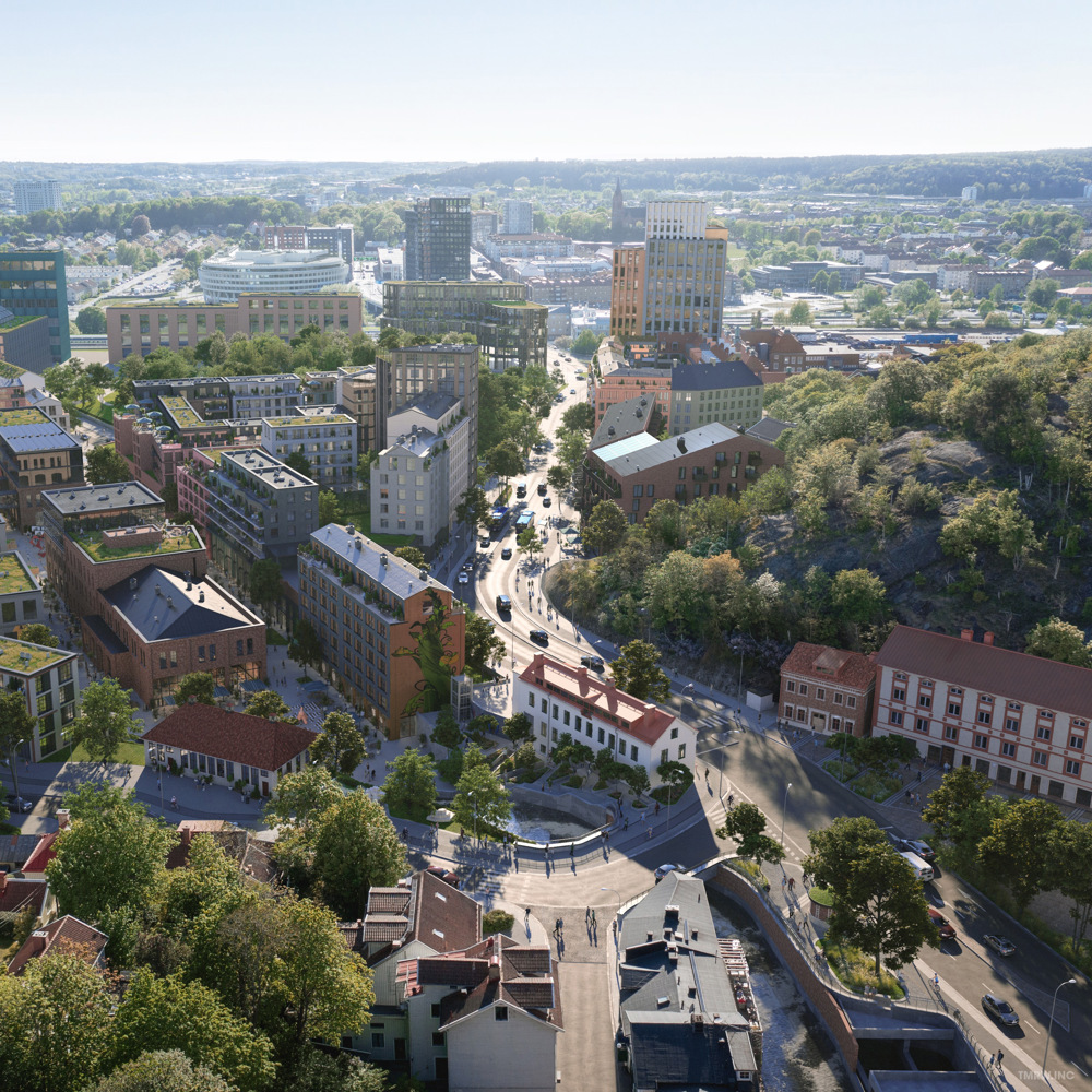 En visionsbild som visar nya stadsdelen Forsåker i Mölndal uppifrån. 