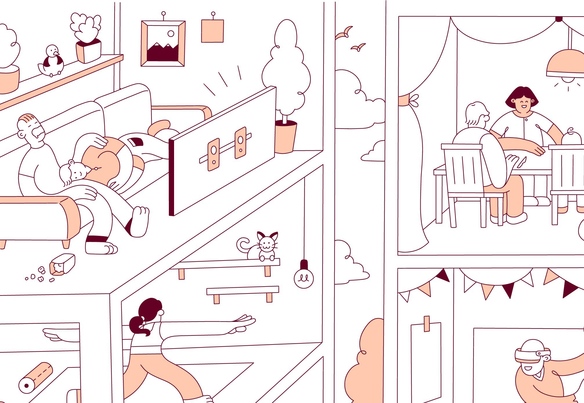 Illustration på olika hem där ett par tittar på film på sin tv.