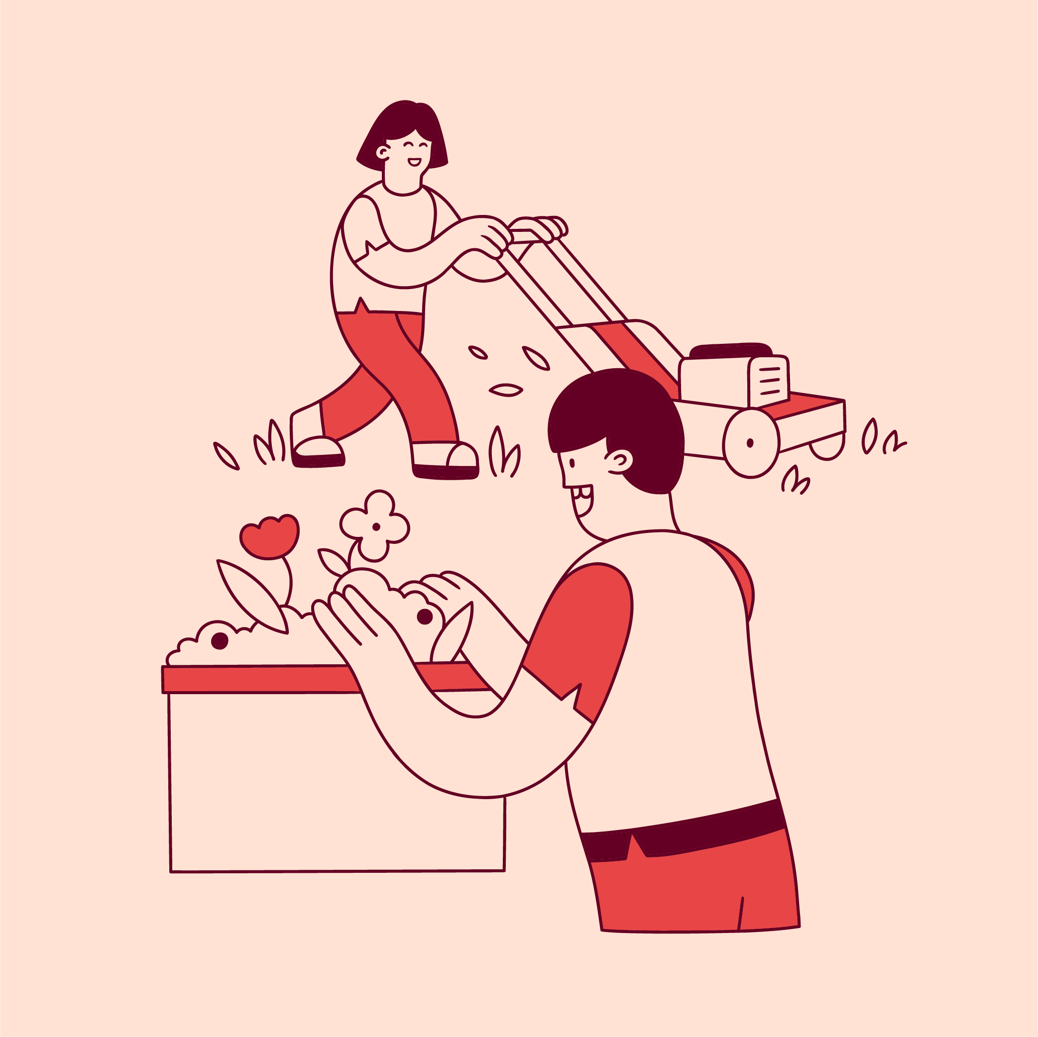 Två illustrerade figurer klipper gräs och fixar med blommor. 