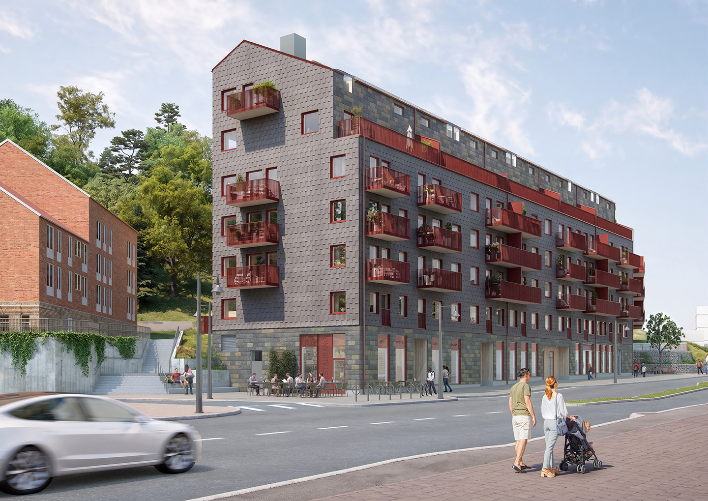Visionsbild på Silverskatten flerbostadshus, sett från kortsidan och Kvarnbygatan.
