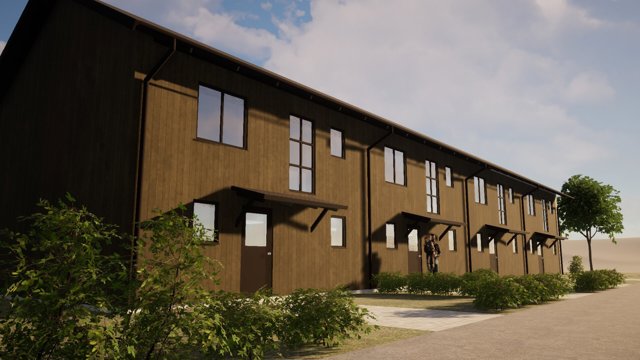 En visionsbild på ett brunt hus med stående panel i radhusstil. 