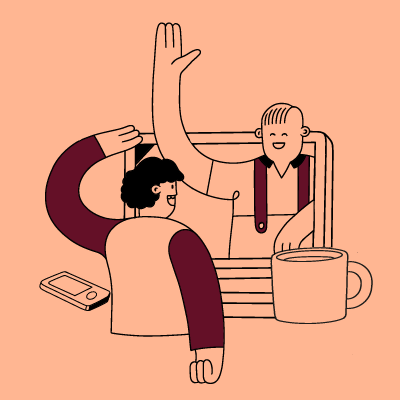 En illustration på en person som tittar ut ur en datorskärm och hälsar på en person som sitter vid tangentbortet. 