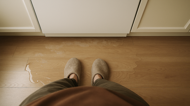 ett par fötter i tofflor syns ovanifrån stående i en vattenpöl på golvet framför en diskmaskin. Bilden är AI-genererad. 
